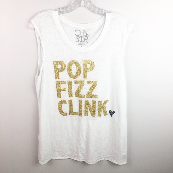 Chaser Tops - Chaser "pop, fizz, clink" white and gold tank